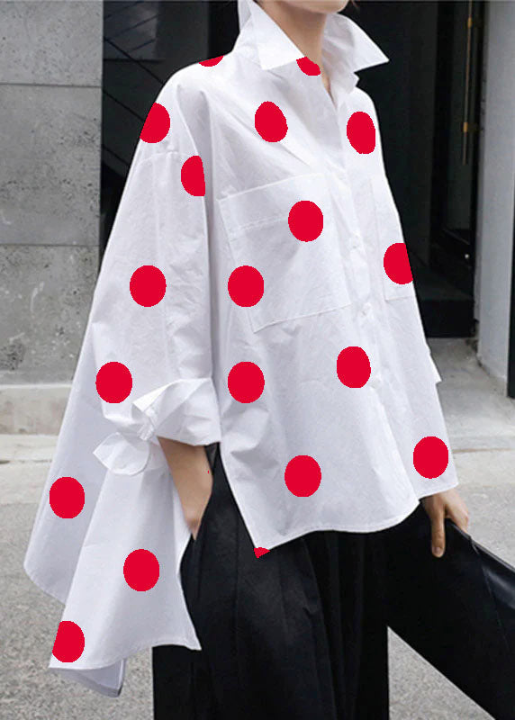 Natural Yellow Dot Peter Pan Collar Low High Design Button Pockets Cotton Shirts Long Sleeve