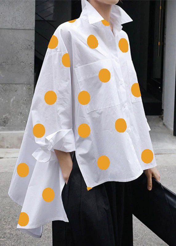 Natural Red Dot Peter Pan Collar Low High Design Button Pockets Cotton Shirts Long Sleeve