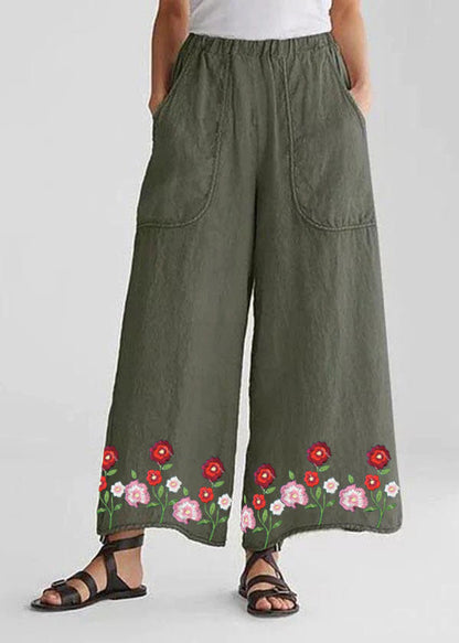 Tea Green-dandelion Cotton Linen Loose Wide Leg Pants