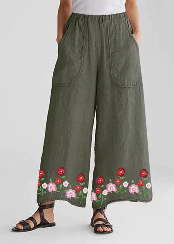 Tea Green-dandelion Cotton Linen Loose Wide Leg Pants