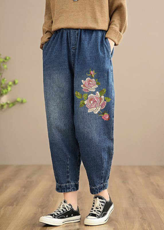 Handmade Spring Pants Oversize Denim Blue-rose Photography Elastic Waist Trousers
