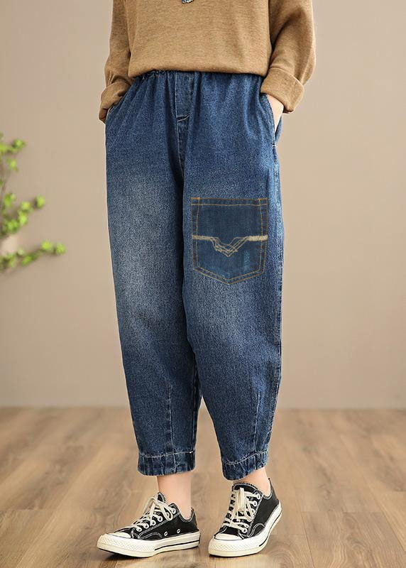 Handmade Spring Pants Oversize Denim Blue-pocket Photography Elastic Waist Trousers