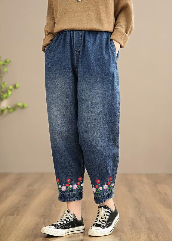 Handmade Spring Pants Oversize Denim Blue-little Flower Photography Elastic Waist Trousers