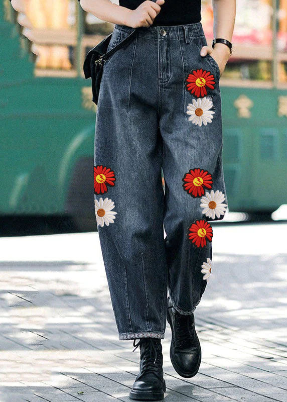 Style Navy- High Waist Pockets Harem Fall Denim Pants