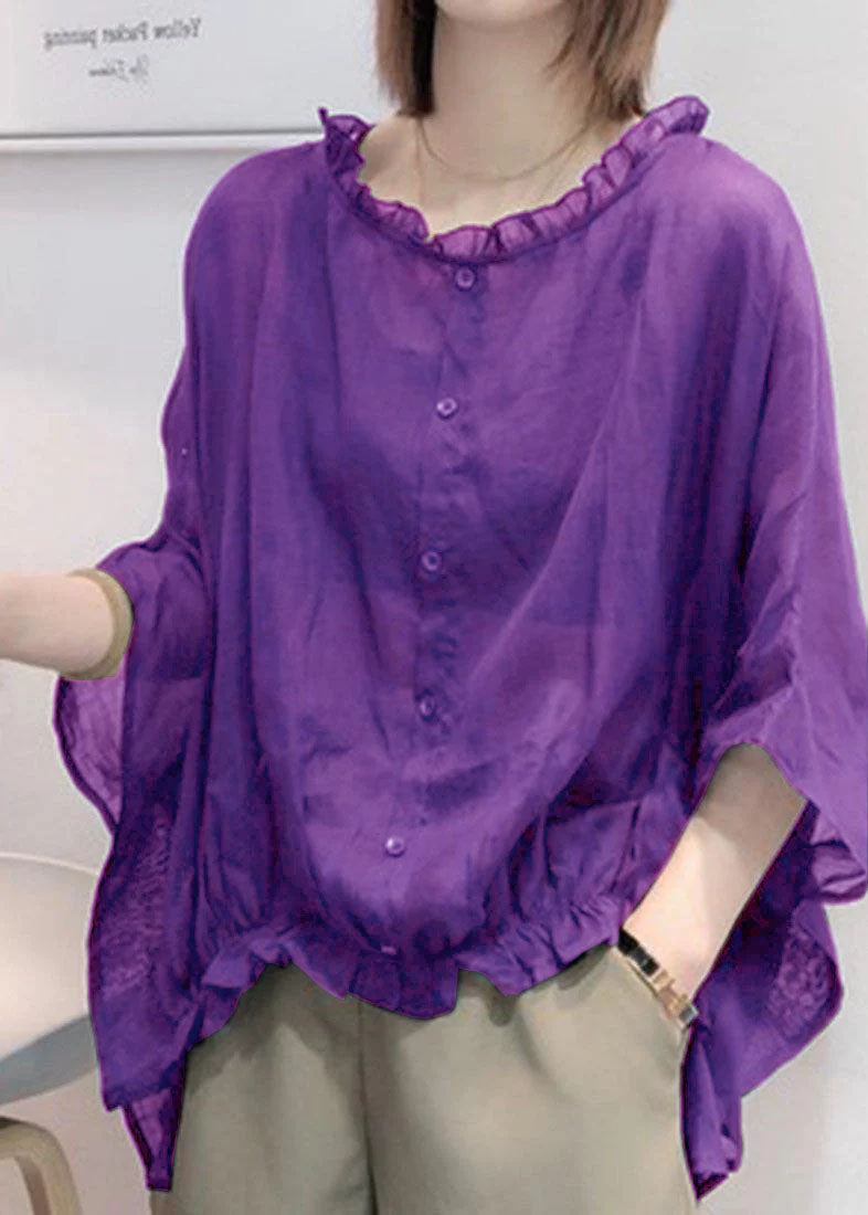 Art Dark Blue-pumpkin Tops Ruffles Trim Half Sleeve Shirts Blouse