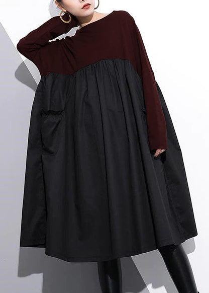 Stylish Purple Cotton Shift Dress Cotton Clothing Dress High Waist Patchwork Cotton Dress