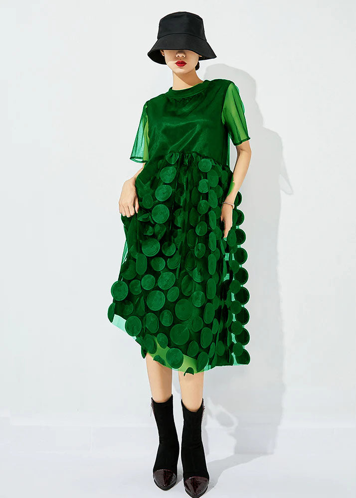 Tea Green O-neck Patchwork Dot Tulle Holiday Dress Summer
