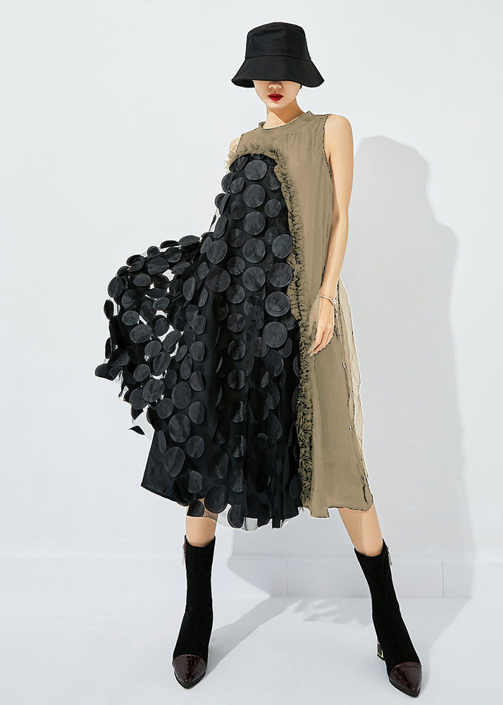 Tea Green-black Dot Asymmetrical Patchwork Wrinkled Tulle Maxi Dress Sleeveless