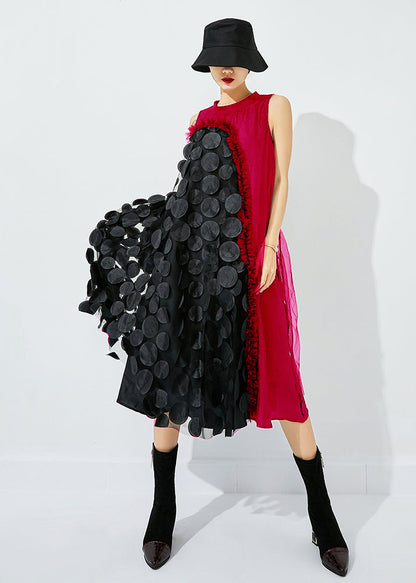 Black-blue Dot Asymmetrical Patchwork Wrinkled Tulle Maxi Dress Sleeveless