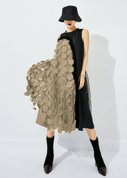 Khaki Asymmetrical Patchwork Wrinkled Tulle Maxi Dress Sleeveless