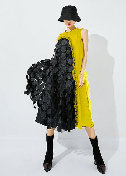 Black-khaki Dot Asymmetrical Patchwork Wrinkled Tulle Maxi Dress Sleeveless