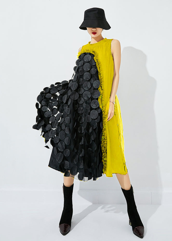 Khaki-black Dot Asymmetrical Patchwork Wrinkled Tulle Maxi Dress Sleeveless