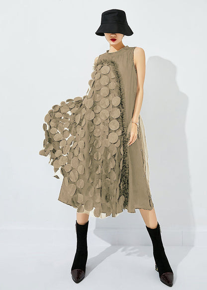 Khaki Asymmetrical Patchwork Wrinkled Tulle Maxi Dress Sleeveless