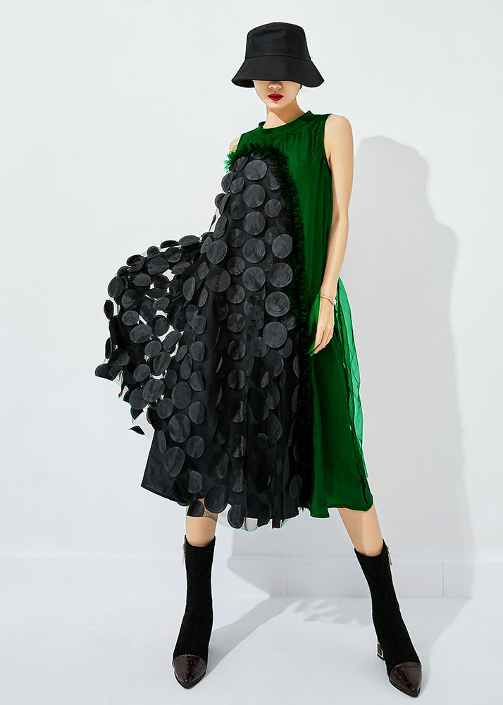 Black-blue Dot Asymmetrical Patchwork Wrinkled Tulle Maxi Dress Sleeveless