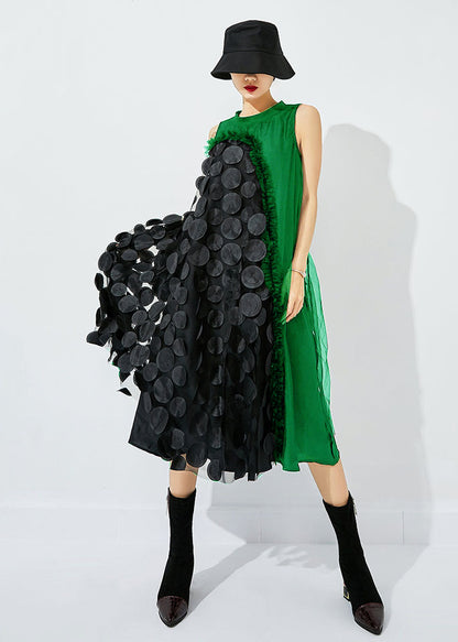 Black-green Dot Asymmetrical Patchwork Wrinkled Tulle Maxi Dress Sleeveless