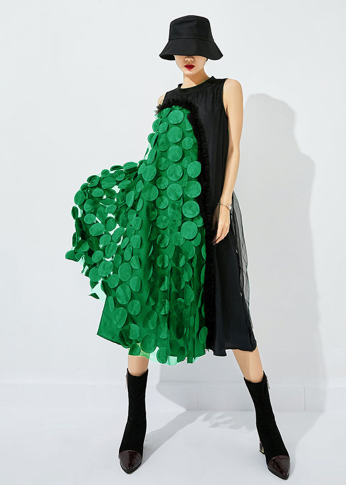 Light Green-black Dot Asymmetrical Patchwork Wrinkled Tulle Maxi Dress Sleeveless