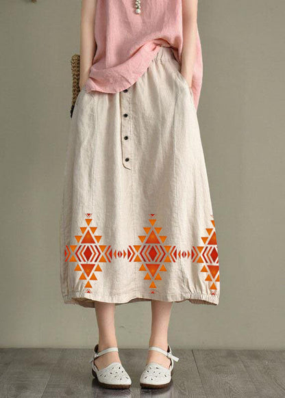 Beige-jellyfish Linen Elastic Waist Button Skirt