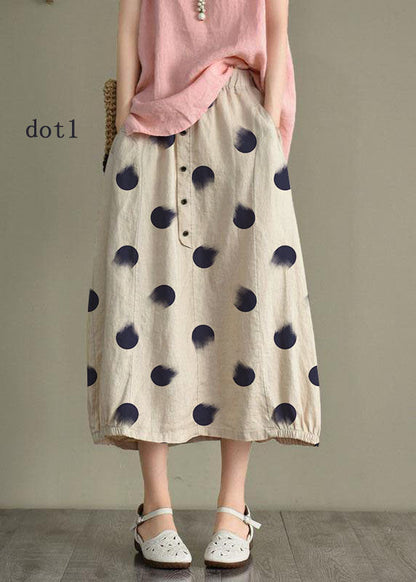 Beige-blue Dot Linen Elastic Waist Button Skirt