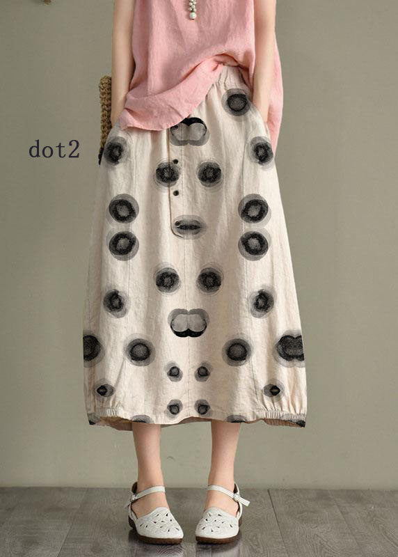 Beige-diamond Linen Elastic Waist Button Skirt
