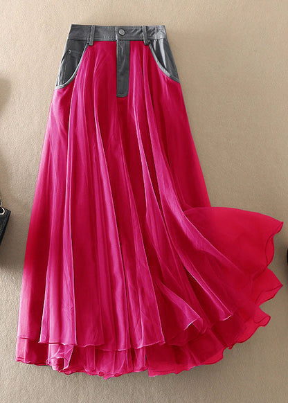 Natural Red High Waist Patchwork Tulle Skirts Spring