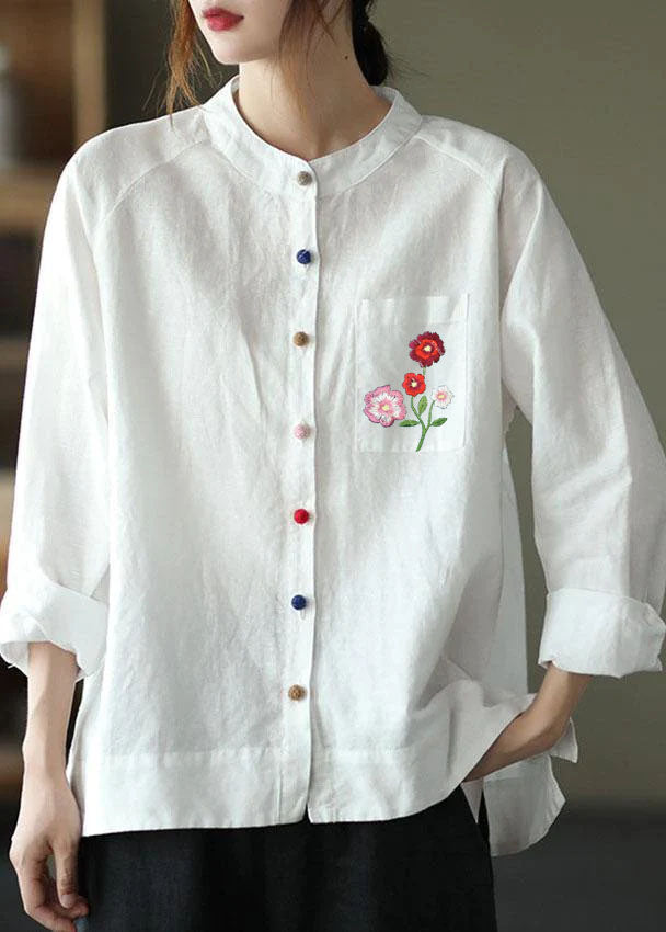 Modern White-love Pattern Loose Patchwork Pockets Fall Long Sleeve Blouse Top