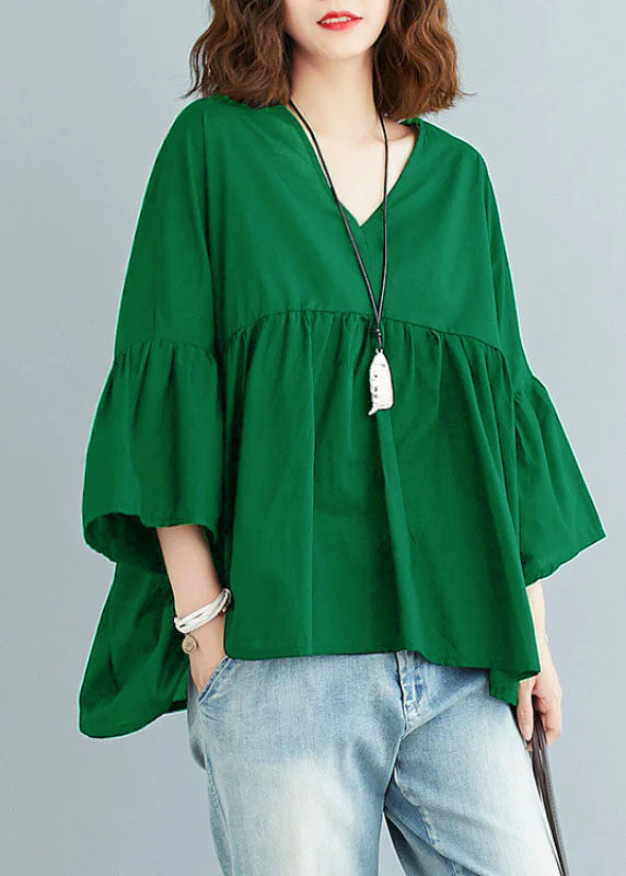 Blue V Neck Patchwork Asymmetrical Design Fall Top Three Quarter Sleeve