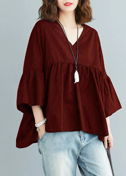 Blue V Neck Patchwork Asymmetrical Design Fall Top Three Quarter Sleeve