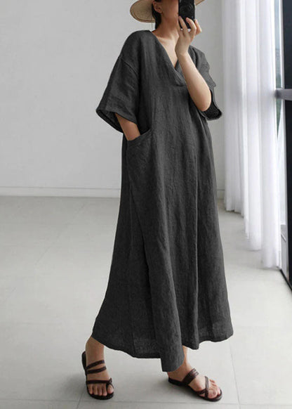 Red Peter Pan Collar Pockets Linen Long Dresses Short Sleeve