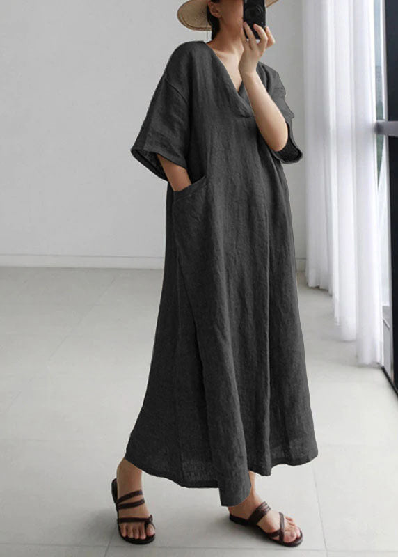Red Peter Pan Collar Pockets Linen Long Dresses Short Sleeve