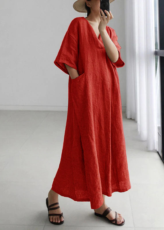 Grey Peter Pan Collar Pockets Linen Long Dresses Short Sleeve