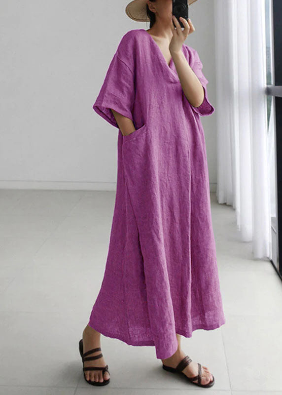 Green Peter Pan Collar Pockets Linen Long Dresses Short Sleeve