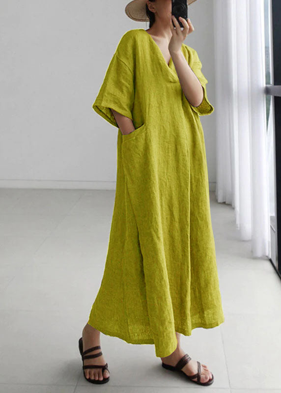 Black Peter Pan Collar Pockets Linen Long Dresses Short Sleeve