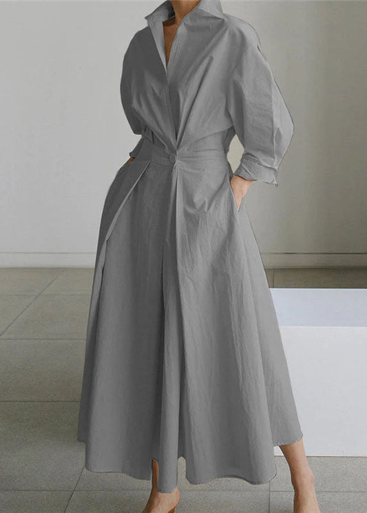 Grey Peter Pan Collar Pockets Cotton Dress Long Sleeve