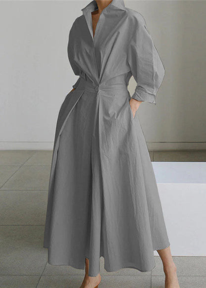 Green Peter Pan Collar Pockets Cotton Dress Long Sleeve
