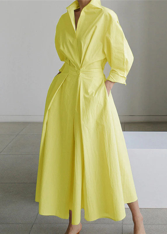 Pink Peter Pan Collar Pockets Cotton Dress Long Sleeve