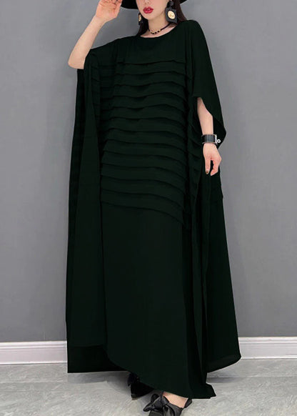 Black O-neck Striped Chiffon Ankle Dress Batwing Sleeve