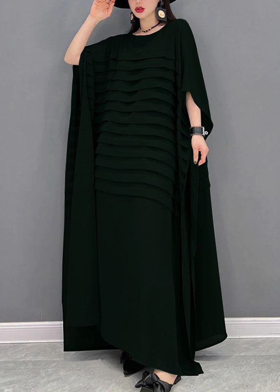 Blue O-neck Striped Chiffon Ankle Dress Batwing Sleeve
