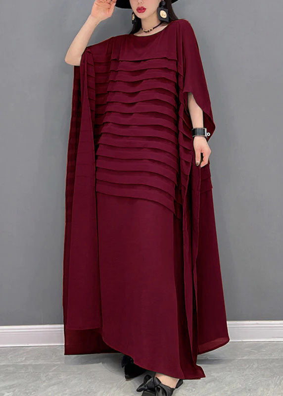 Blue O-neck Striped Chiffon Ankle Dress Batwing Sleeve