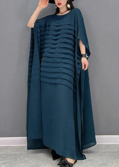 Blue O-neck Striped Chiffon Ankle Dress Batwing Sleeve