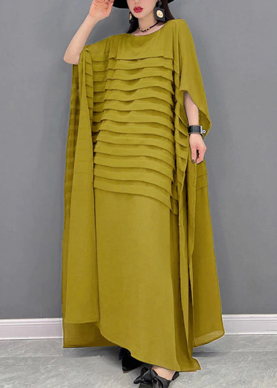 Red O-neck Striped Chiffon Ankle Dress Batwing Sleeve