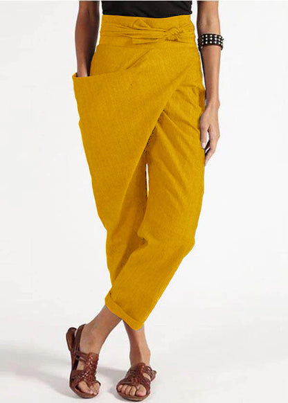 Handmade Yellow Asymmetrical Design High Waist Cotton Harem Summer Pants