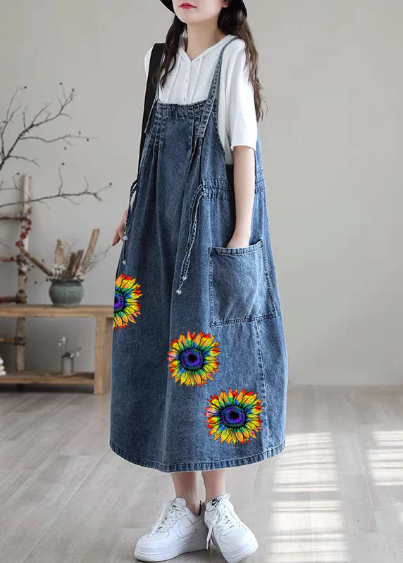 Blue-white Flower Drawstring Pocket Spaghetti Strap Cotton Denim Dress Spring