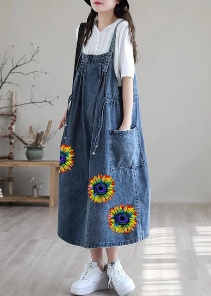Blue-white Flower Drawstring Pocket Spaghetti Strap Cotton Denim Dress Spring