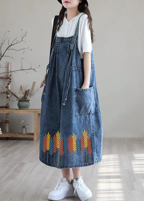 Blue-white Flower Drawstring Pocket Spaghetti Strap Cotton Denim Dress Spring