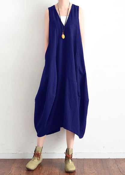 French Black V Neck Linen Clothes for Stylish Design Sleevless Loose Summer Dress