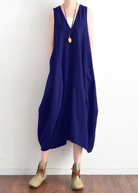 French Green V Neck Linen Clothes for Stylish Design Sleevless Loose Summer Dress