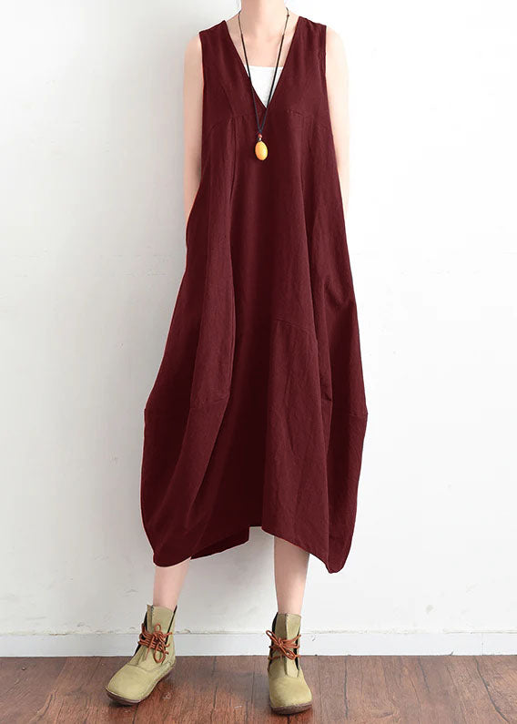 French Black V Neck Linen Clothes for Stylish Design Sleevless Loose Summer Dress