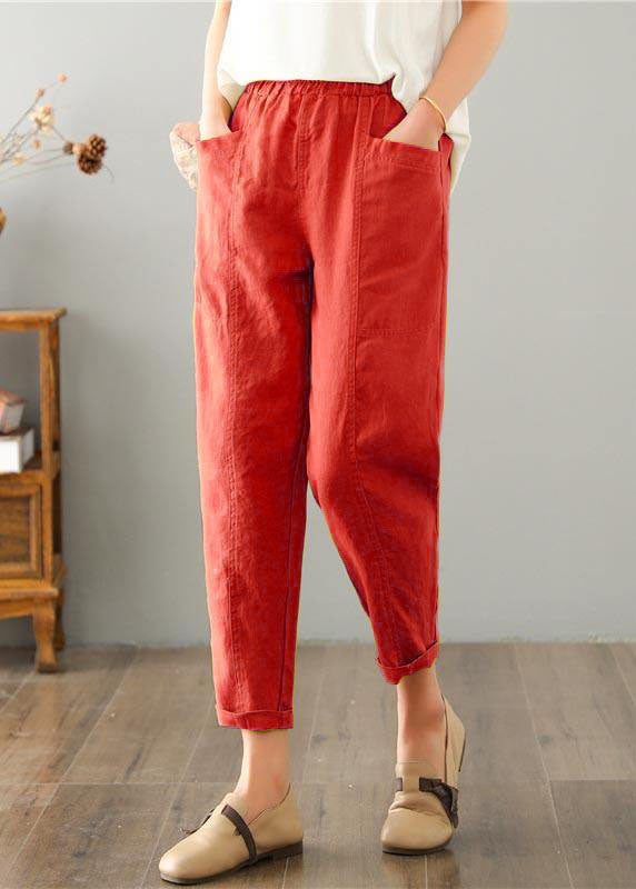 Natural Brown-red Geometry Pockets Cotton Linen Pants Summer