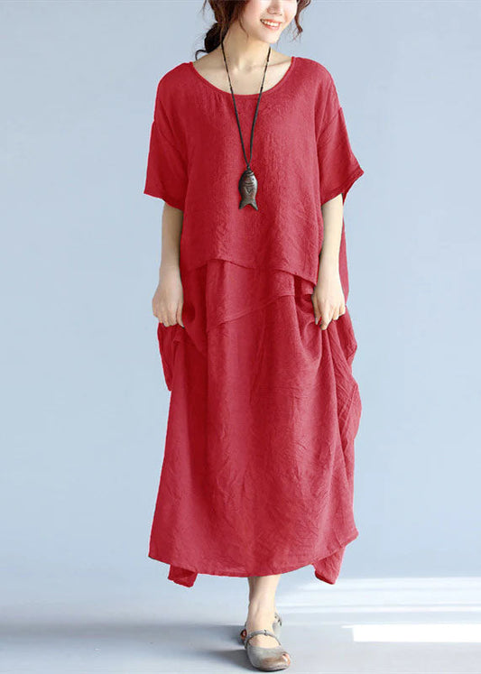 Baggy Red Long Linen Dresses Oversized Layered Cotton Maxi Dress Short Sleeve Cotton Clothing