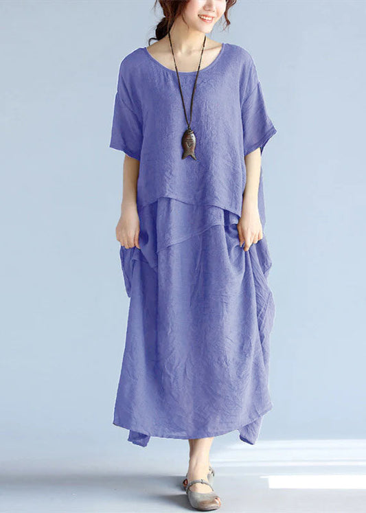 Baggy Purple Long Linen Dresses Oversized Layered Cotton Maxi Dress Short Sleeve Cotton Clothing